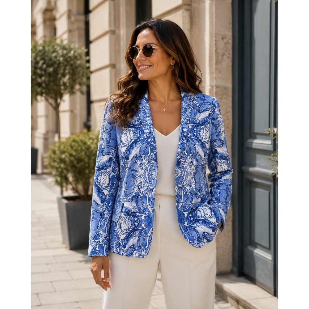 Boston Proper Blazer Women Size 10 Blue White Mediterranean Print Ornate NEW